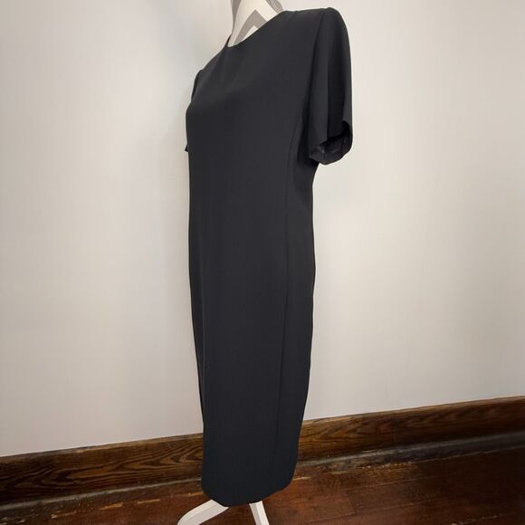 Black Midi Sheath Dress – Classic Little Black Dress, Minimalist Short Sleeve - Picture 5 of 11